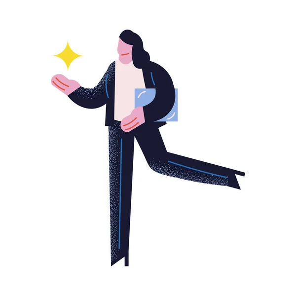 Üzleti nő séta arany csillag közelében, és bemutatja a sikeres üzleti fejlődés — Stock Vector