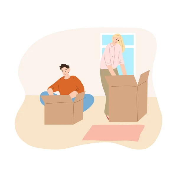 Junges Paar packt Kartons in seiner neuen Wohnung aus — Stockvektor