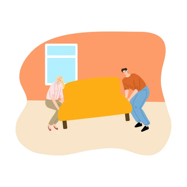 Junges Paar zieht Möbel in seine neue Wohnung — Stockvektor
