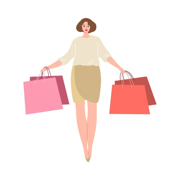 Mujer joven caminando con bolsas de compras coloridas durante las ventas — Vector de stock