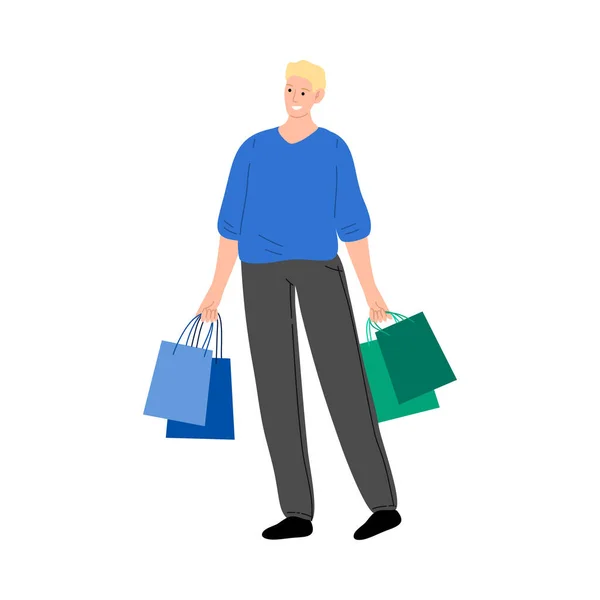 Joven llevando bolsas de compras durante las ventas — Vector de stock