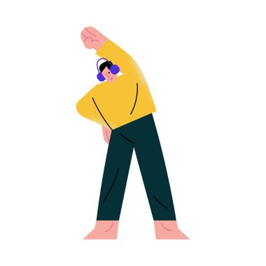 Adam müzik dinliyor ve evde spor egzersizleri yapıyor.