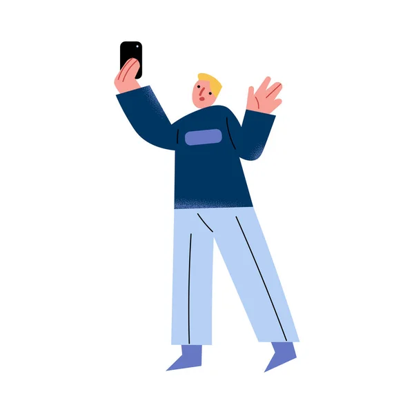 Молодий чоловік проводить онлайн-зустріч з друзями на смартфоні вдома — стоковий вектор