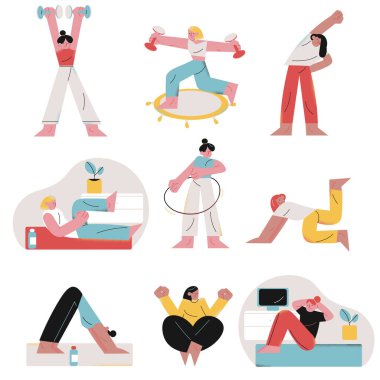 Koronavirüs salgını sırasında evde spor yapan ve egzersiz yapan kadınlar.