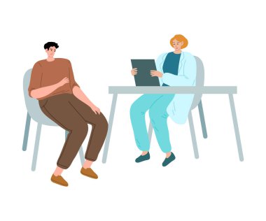 Doktorlarda oturan genç adam klinik vektör illüstrasyonunu ziyaret ediyor