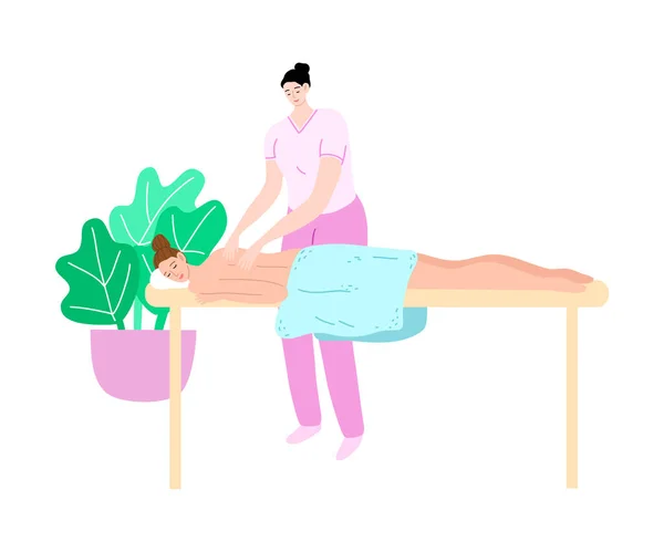 Woman lying on masseurs table for spa procedures in beauty saloon — Stock Vector