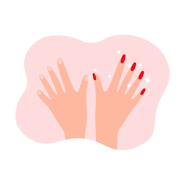 Mains de femmes avec manucure rouge ancienne et nouvelle sur couleur rose et fond blanc — Image vectorielle