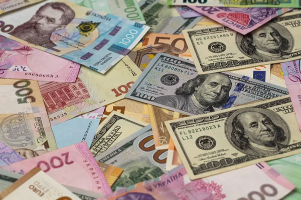 Крупним Планом Доларові Євро Банкноти Гривні — стокове фото