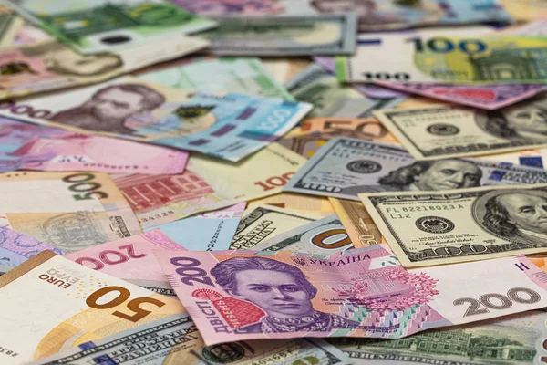 Closeup Dollar Euro Hryvnia Banknotes — Stock Photo, Image