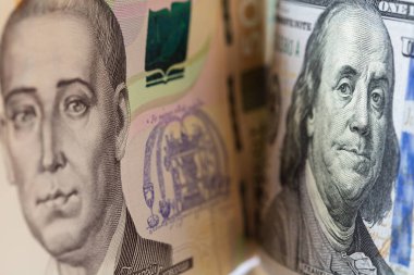 100 dolar ve 500 Hryvnia banknotu. Franklin ve Skovoroda karşı karşıya