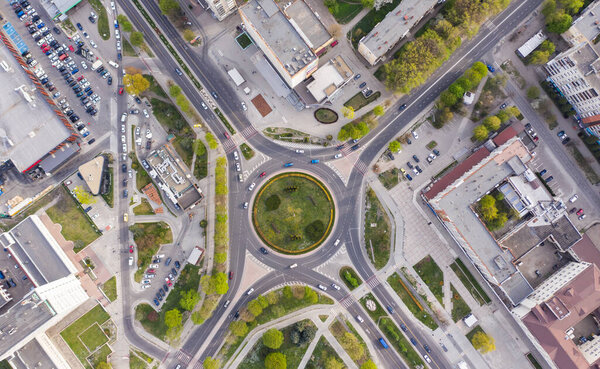 Aerial veiw on roundabout on the cross of Chornovola and Lypynskogo Str. from drone