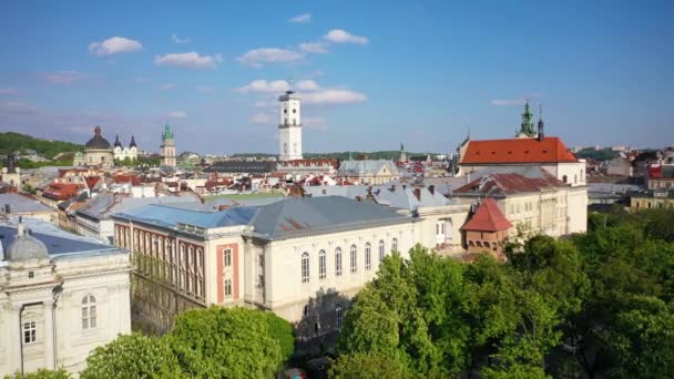 Vista Aérea Sobre Iglesia Dominicana Iglesia Dormition Ayuntamiento Lviv Ucrania — Vídeos de Stock