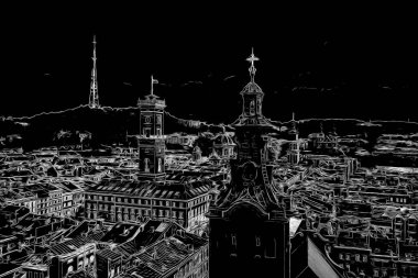 Siyah arka planda beyaz çizim, ters çevirme. Lviv belediye binasına bak 