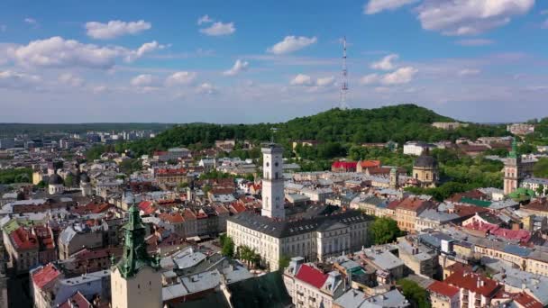 Vista Aérea Del Ayuntamiento Catedral Latina Lviv Ucrania Desde Dron — Vídeos de Stock