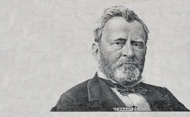 Ulysses S. Grant, gri arka planda izole edilmiş 50 dolarlık banknotu kesti.