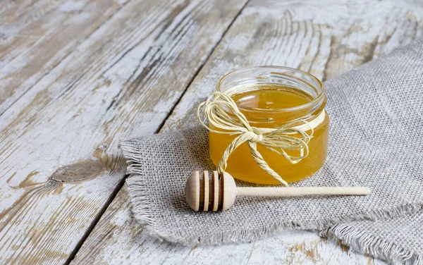 Small Glass Jar Honey Wooden Spoon Close Wooden Background Rustic — Stock Photo, Image