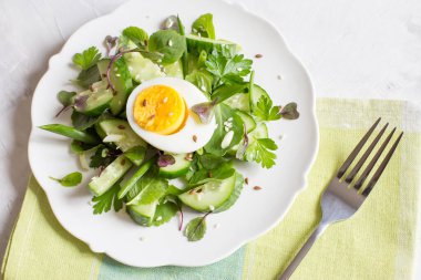 Mikro sebzeli ve yumurtalı taze salatalık. Moda yemekleri. Tepeden manzara, düz uzanma, yakın çekim