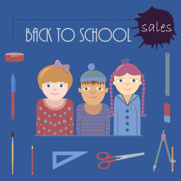 Geri okul satış için temsil eden bir poster. Üç neşeli çocuklar, okul malzemeleri ve metin 