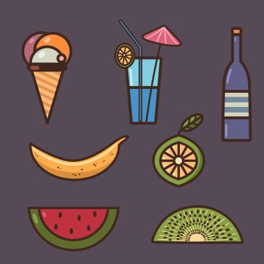 Güzel renkli yaz küme. Vektör düz resimde nefis yaz yiyecek ve içecek. Kumaş, mutfak, Restoran, Cafe, plaj şeyler için uygundur..