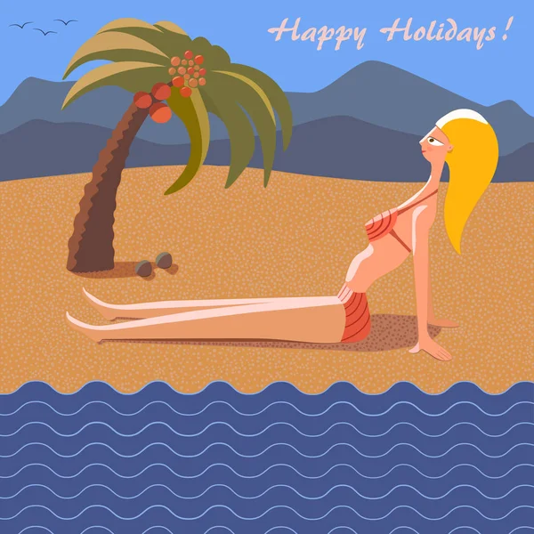 Güzel bir genç kız yalnız sahilde temsil eden renkli düz yaz illüstrasyon. Web veya basılı ürünler için kullanılabilir.