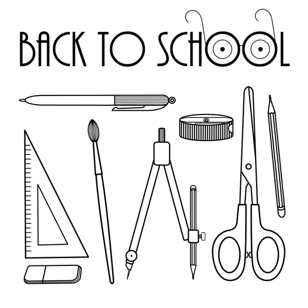 Okul malzemeleri kümesi: makas, fırça, pergel, kalem, silgi, kalemtıraş, cetvel, kalem. Beyaz arka plan üzerinde hat illüstrasyon izole. Vektör.