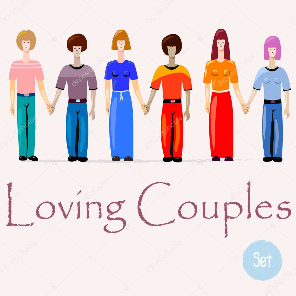 Set of Loving Couples. Homosexual and Heterosexual couples holding hands. Gay, Lesbian and Hetero Couples. Can be used for Gay Pride promo production, digital and printing. Vector illustration.