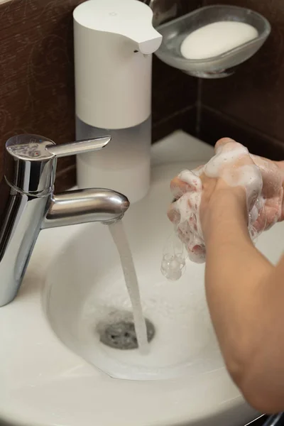 Coronavirus Pandemic Flu Wash Hands Soap Warm Water Rubbing Nails — Stock Photo, Image