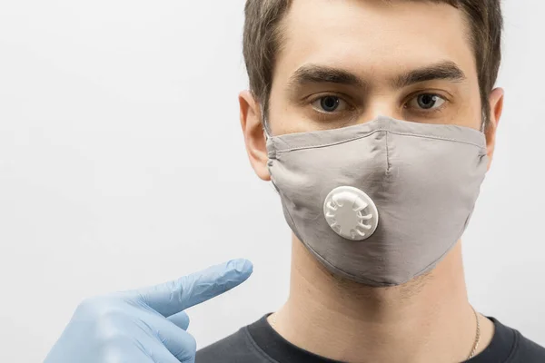 Young European Man Wearing Mask Corona Virus Thumbs Covid Man — Stock Photo, Image