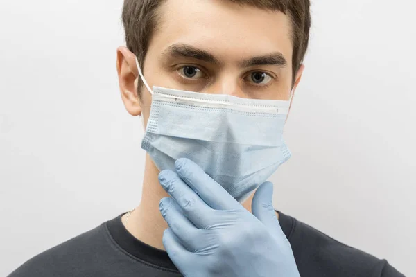 Young European Man Wearing Mask Corona Virus Thumbs Covid Man — Stock Photo, Image