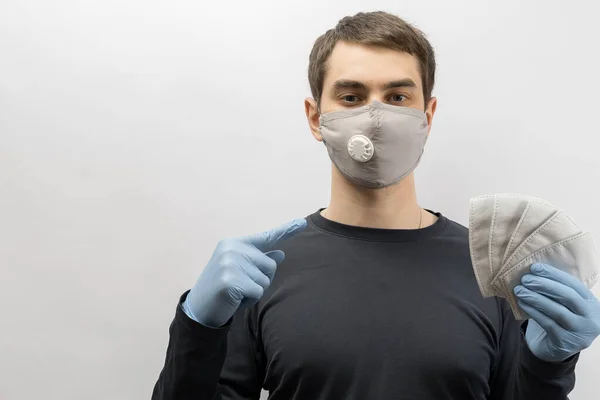 Young European Man Wearing Mask Corona Virus Thumbs Covid Man — Stock Photo, Image