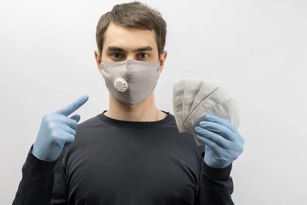 Young European Man Wearing Mask Corona Virus Thumbs Covid Man — Stock Photo, Image