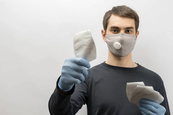 Young European Man Wearing Mask Corona Virus Thumbs Covid Man — Stock Photo, Image