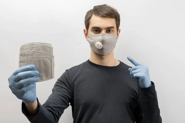 Young European Man Wearing Mask Corona Virus Thumbs Covid Man — Stock Photo, Image