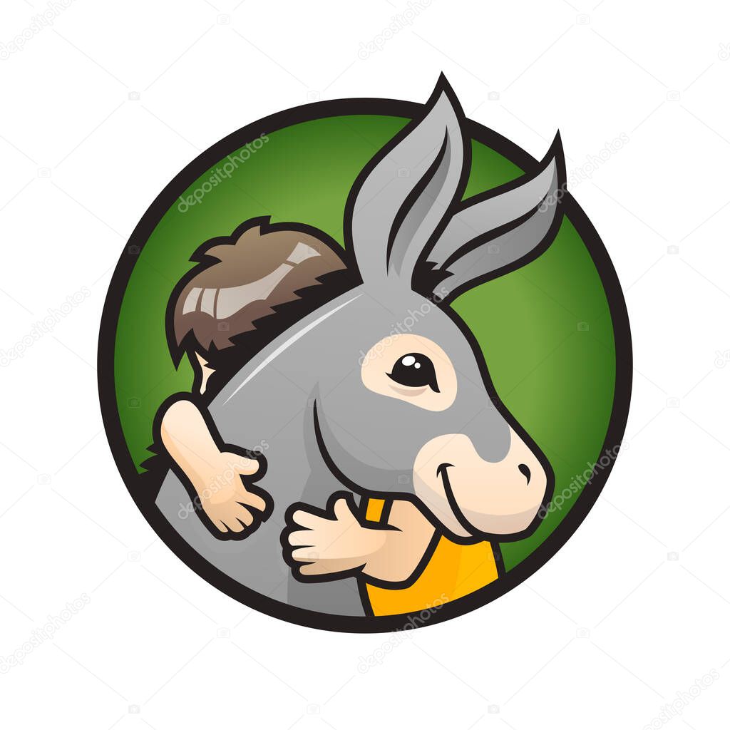 Donkey with kid. Child hugs a cute donkey - vector illustration