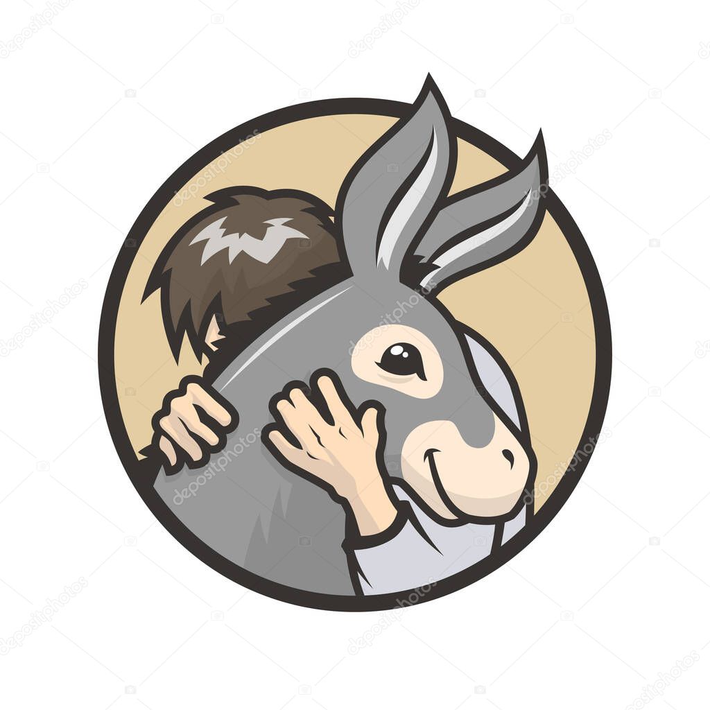 Donkey healthy hugs. Man hugs a cute donkey - vector illustration