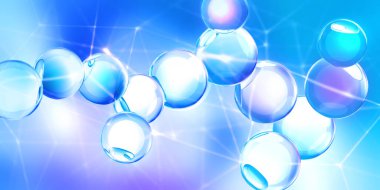 Mavi ve mor arkaplandaki molekülün şeffaf modeli. Soyut 3D çizim. Görüntü bilimsel, kimyasal ve fiziksel konularla ilgili.