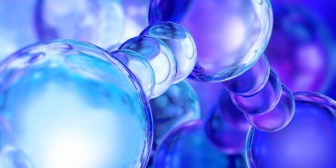 Mavi arkaplandaki molekülün modeli. Soyut 3D çizim. Görüntü bilimsel, kimyasal ve fiziksel konularla ilgili.