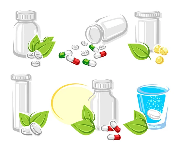 Pillen en capsules elementen instellen. Vectoren — Stockvector