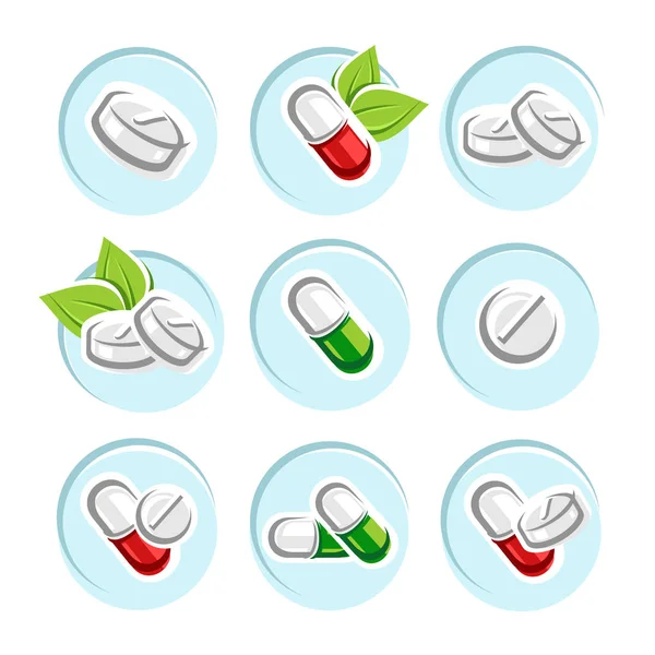Pillen en capsules elementen instellen. Vectoren — Stockvector