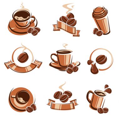Kahve Etiketler ve simgeler kümesi. Vektör. Koleksiyon kahve çekirdekleri etiketleri ve öğeleri ayarla, boyutu ve rengi, vektör düzenleme