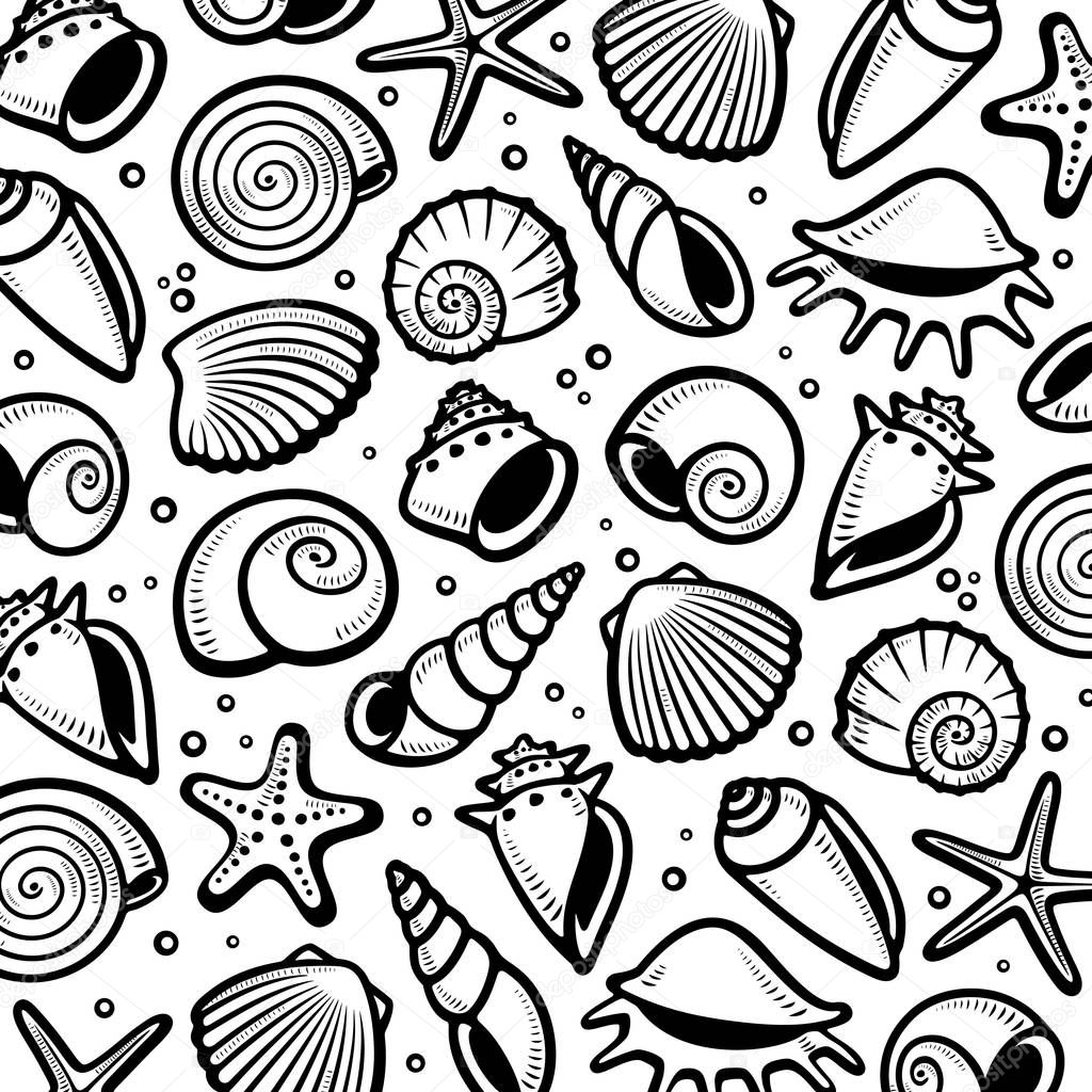 Seashells background. Collection seashells icons. Vector