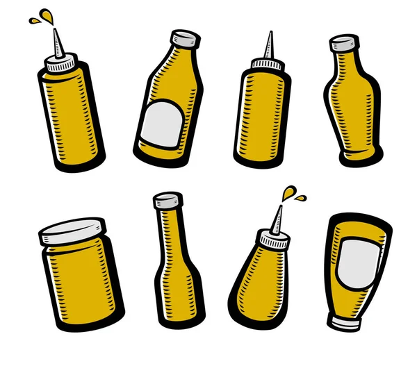 Flaschen Senf Set Vorhanden Sammlung Ikone Senf Vektor — Stockvektor
