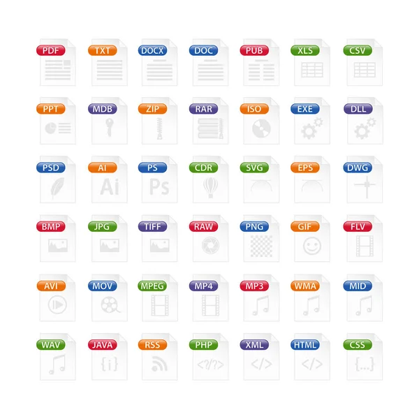 Colorful set of file type icons. file format icon set in color, files symbols buttons — Stock Illustration Colorful Set File Type Icons File Format Icon Set Color Royalty Free Stock Vectors