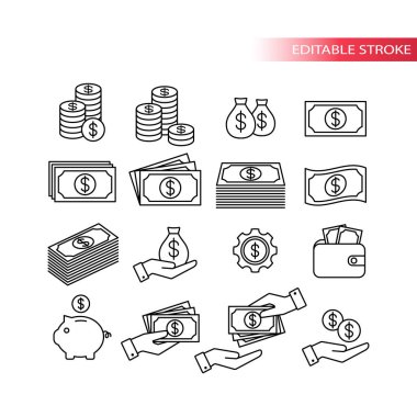 Para, dolar finans ince çizgi vektörü seti. Para, para yığını, cüzdan, banknot ana hatları simgeleri.