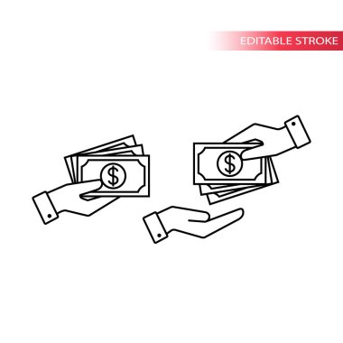 Dolar banknotları ile elden ödeme ince çizgi vektör ikonu ayarlandı. El ele tutuşma, dış hat simgesi alma ve verme.