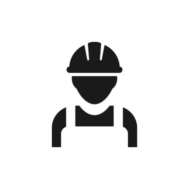 Kasklı ya da kasklı bir işçi. İnşaatçı, siyah vektör ikonu. İşçi işçi müteahhitlik sembolü.
