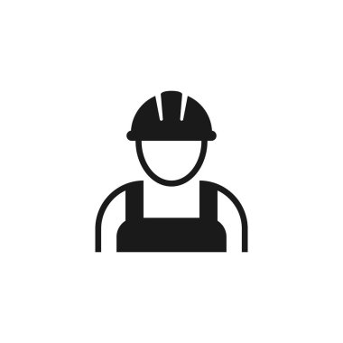 Kasklı ya da kasklı bir işçi. İnşaatçı, siyah vektör ikonu. İşçi işçi müteahhitlik sembolü.