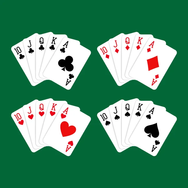 Royal Flush Kéz Klubok Gyémántok Szív Pikk Játék Kártyák Pakli — Stock Vector