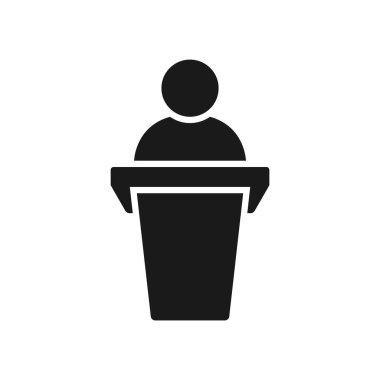 Konuşmacı ya da konuşmacı siyah vektör ikonu. Podyum veya tribün sunumu, konferans sembolü.