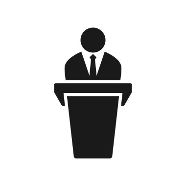 Konuşmacı ya da konuşmacı siyah vektör ikonu. Podyum veya tribün sunumu, konferans sembolü.